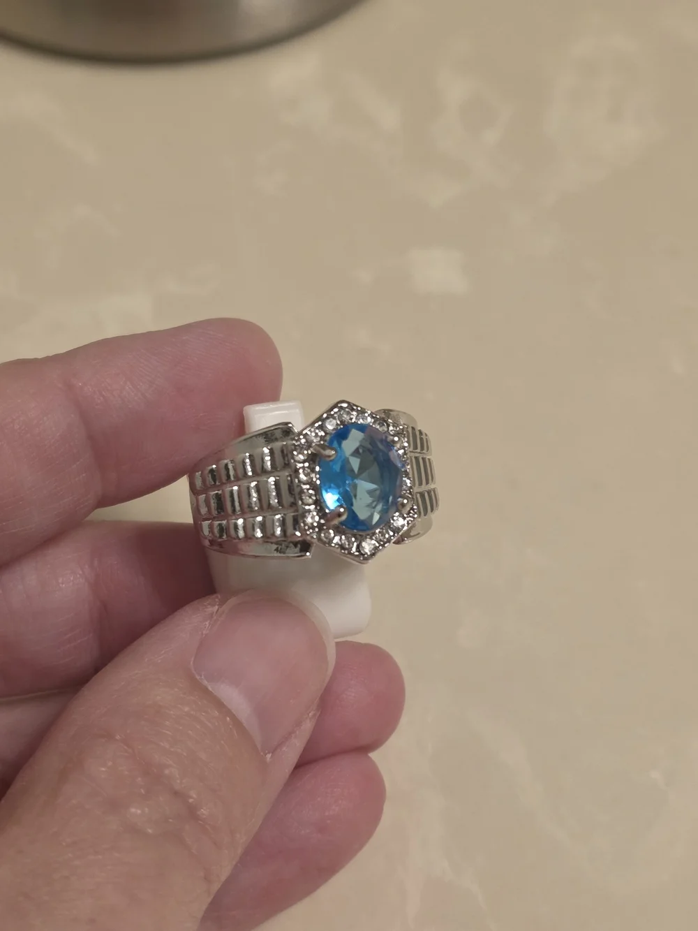 Men's Silver CZ and Aquamarine Statement Ring Size 10